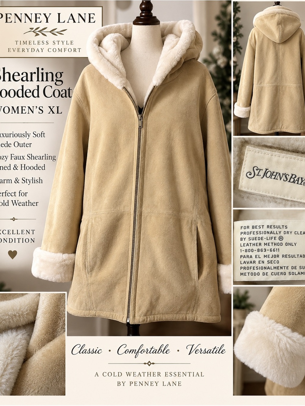Women's Hooded Shearling Coat in Beige